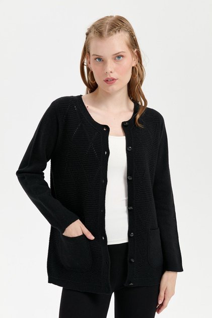 Women's Crew Neck Front Diamond Knit Seamless Wool Cardigan Black