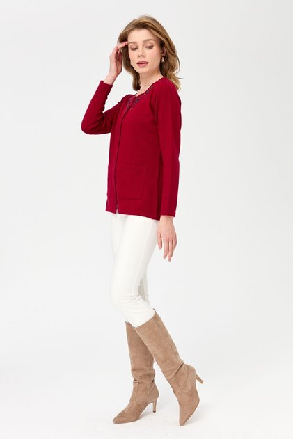 Women's Zero Collar Lace Embroidered Wool Cardigan