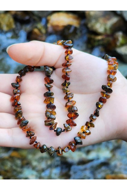 Drop Amber Adult Necklace Unisex Dark Fossil Grains 60 cm