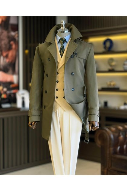 Italian Style Slim Fit Seasonal Men Trench Coat Coats Green T4976