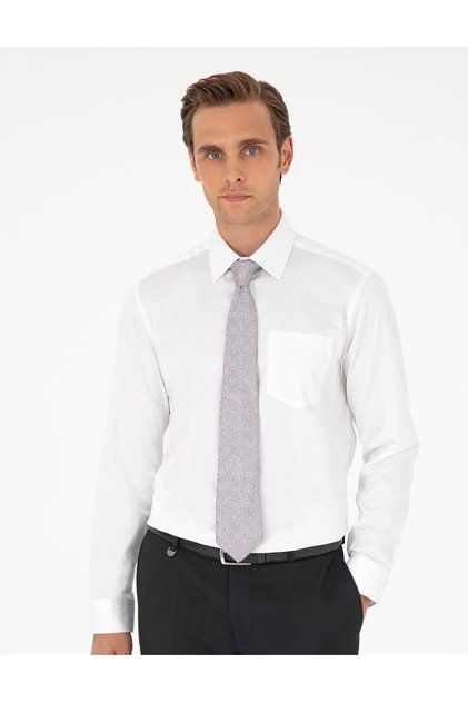 White 100% Cotton Shiny Satin Regular Fit Long Sleeve Basic Shirt 50292536-Vr013