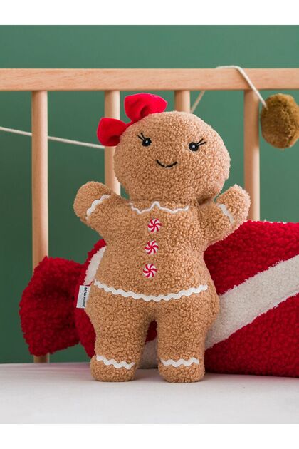 Christmas Themed Cookie Man Figure Baby Throw Pillow with Red Bow Tie and Red Ribbon 29 cm
