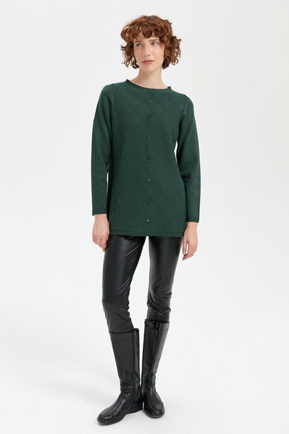 Women's Crew Neck Seamless Front Checkered Sweater Green