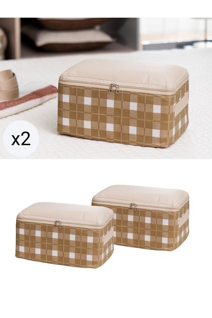 2 Pieces Small Size Beige Square Patterned Plaid Under-Bed Suitcase Organizer Storage Bag 30X20X15 cm