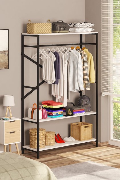 Alkor 180x120x35 Metal Masif Ahşap Desenli Yonga Levha Açık Giyinme Dolap Portmanto Askılık
