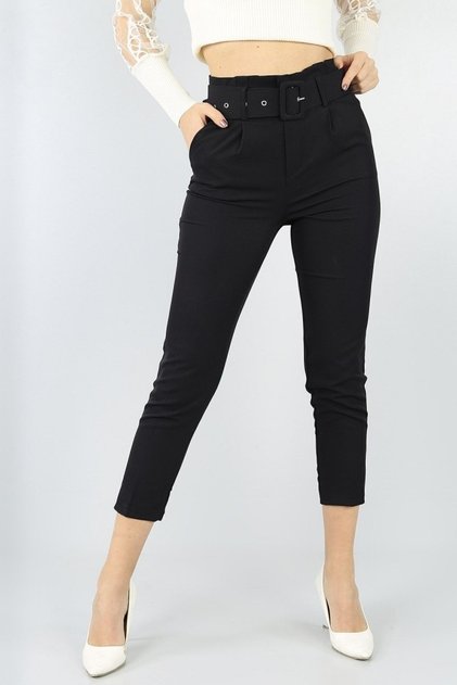 Black Belted Atlas Dabıl Fabric Carrot Trousers 100 cm
