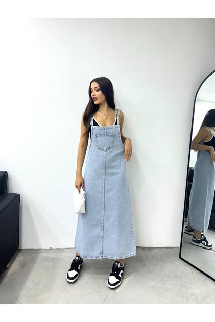 Kn Long Garden Front Pocket Suspender Denim Dress