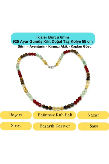 SERTİFİKALI İkizler Burcu 6mm 925 Ayar Gümüş Doğal Taş Kolye 55 cm