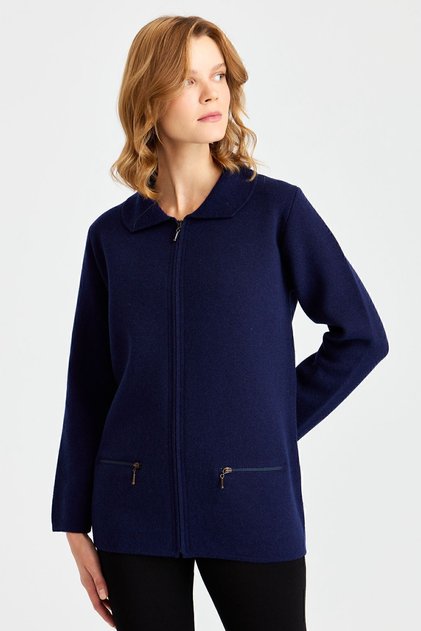 Women's Polo Collar Pocket Zippered Wool Cardigan Y.A Navy Blue
