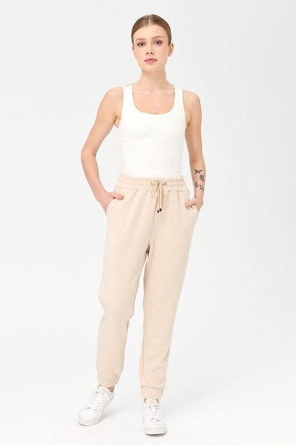 Women's Elastic Back Leg Tracksuit Pants with Pockets Beige