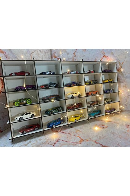 رف سيارة خشبي 25 قطعة لون أبيض (مناسب لعربات Hotwheels و Matcbox)