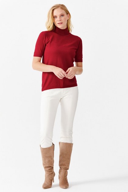 Women's Lycra Short Sleeve Full Turtleneck Blouse Dark Red