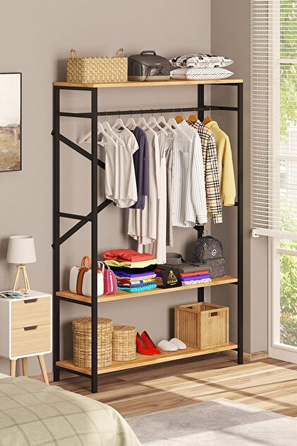 Alkor 180x120x35 Metal Masif Ahşap Desenli Yonga Levha Açık Giyinme Dolap Portmanto Askılık