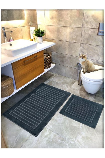 Cotton Woven Bath Mat Set, Bathroom Rug Stripe Set of 2 60X100 - 60X50 Anthracite