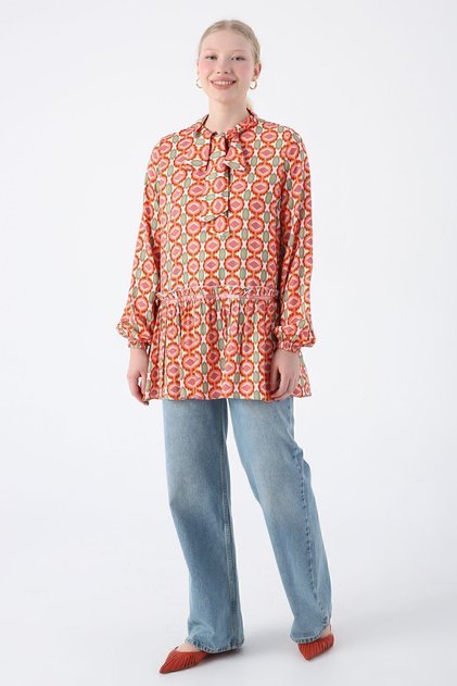 Ecru-salmon Collared Patterned Viscose Tunic with Scarf
