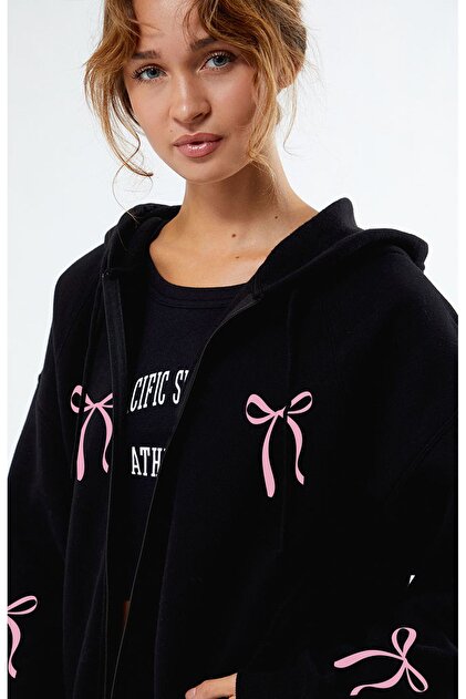 Boi Unisex Pembe Fiyonk Baskılı Sweatshirt Fermuarlı Hırka - Siyah