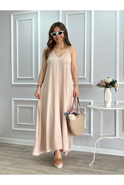 Aerobin Fabric Long Beige Dress with Adjustable Straps