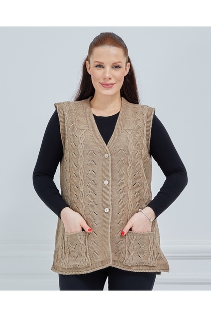 Women's Camel V-Neck Chain Knitted Wool Mother Knitwear Vest with Pockets