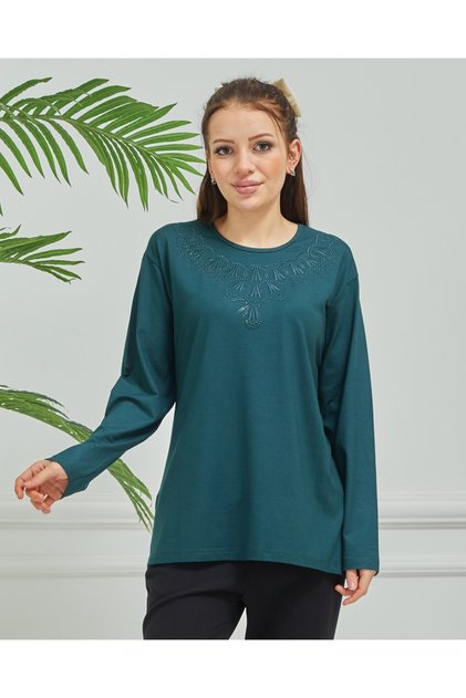 Women's Petrol Embroidered Casual Middle Age Mother Combed Cotton Blouse