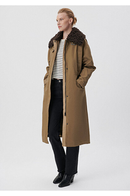 Mavi Premium Suni Kürk Yaka Haki Parka Loose Fit / Bol Rahat Kesim