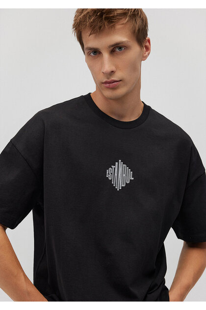 Mavi Sırt Baskılı Siyah Istanbul Tişört Oversize / Geniş Kesim