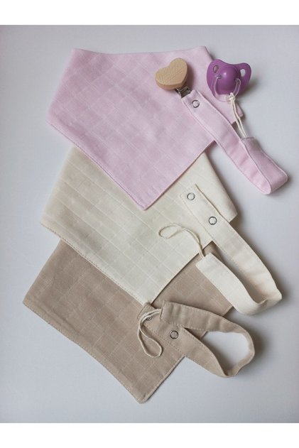 Müslin Kız Bebek Mama Önlük Kalp Ahşap Klipsli Emzik Askısı 3 Lü Set