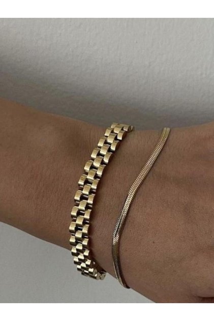 Erkek 14 Ayar Altın Kaplama Rolex Model 2 Yıl Garantili Paslanmaz Çelik Bileklik