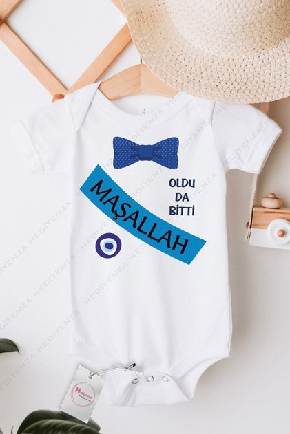 Blue Bow Tie Mashallah Printed Circumcision Baby Body & Bodysuit