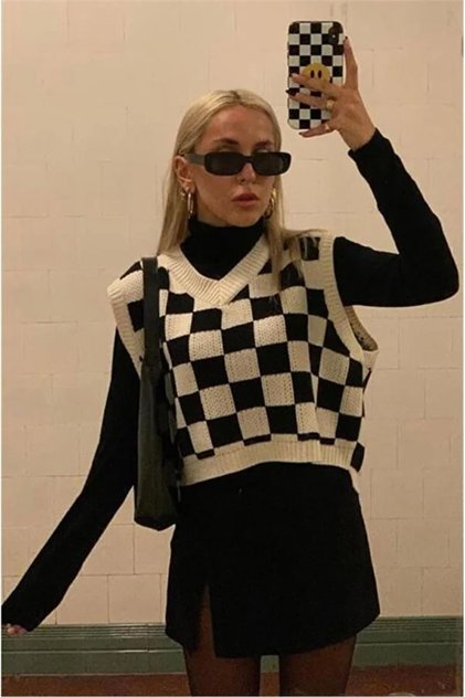 Knitical Harajuku Black and White Checked Square Patterned Oversize Unisex Sweater