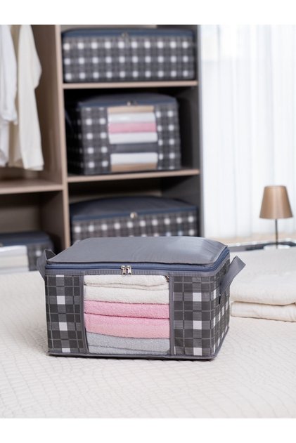Small Size Windowed Gray Square Pattern Plaid Closet Organizer Towel Organizer, Storage Bag 40X30X20 cm