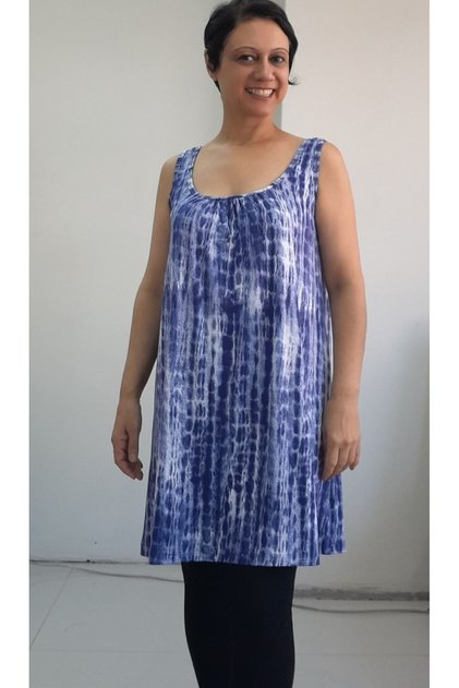 Saks Blue Patterned Front and Back Gathered Combed Cotton Viscose Thick Strap T-Shirt
