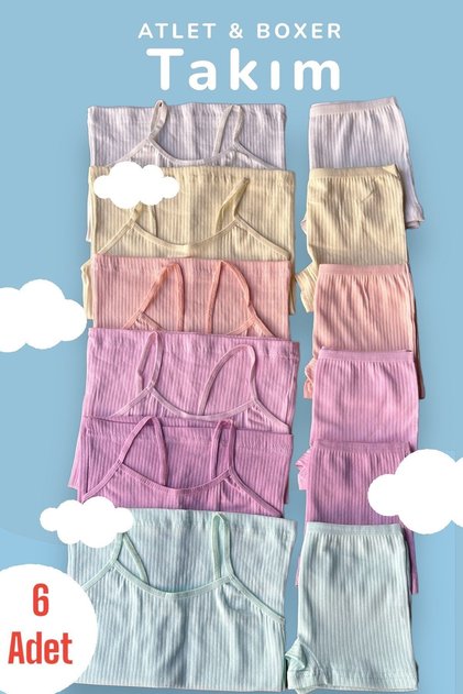 6'lı Pastel Renk Kız Çocuk Fitilli Atlet & Boxer Takım