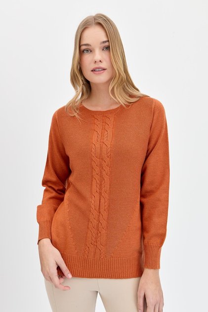 Women's Crew Neck Front Hair Braided Sweater Orange