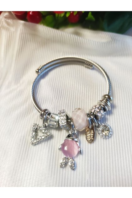 Steel Bracelet for Women with Charm Pink Fish Figure