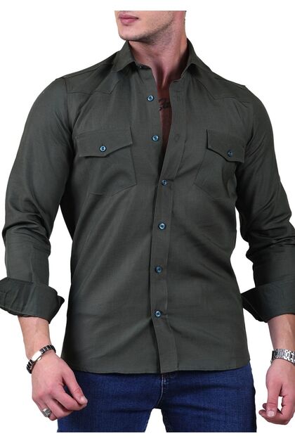 Zümrüt Yeşili Flamlı Dokuma Tek Renk Çift Cep Kapaklı Slim Fit Western Gömlek