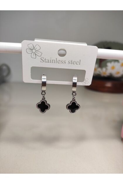 Black Clover Model Zircon Stone Silver Color Steel Earrings