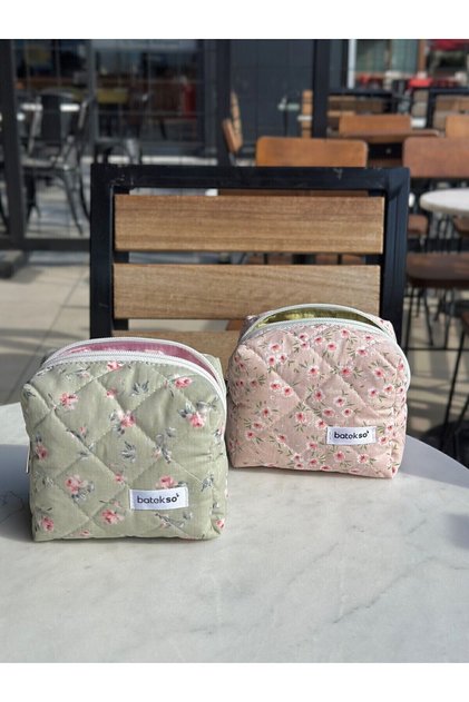 2-Piece Pink and Green Floral Pattern Makeup Bag - Small Size