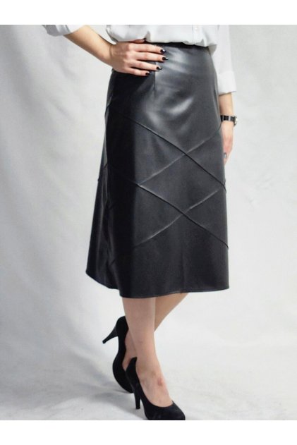 Ribbed Stitched Diamond Patterned Leather Black Midi Skirt