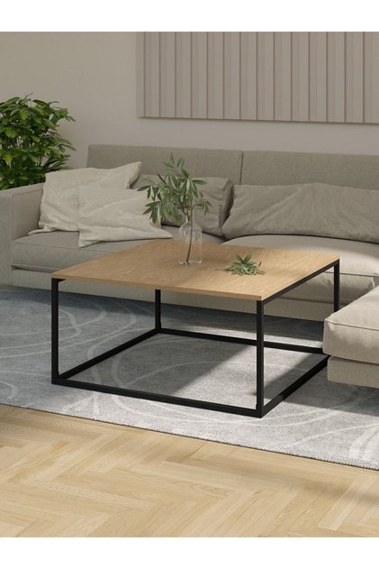 Safir Meşe Orta Sehpa, Büyük Boy, Metal Ayaklı Kare Ahşap Desenli Orta Sehpa,Modern Orta Sehpa,90x90