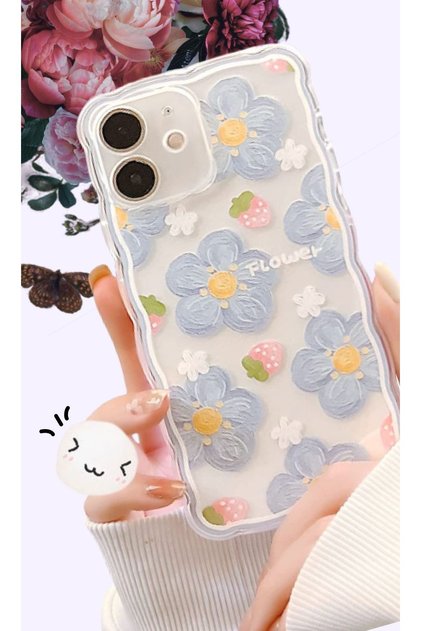 iPhone 12 Clear Wavy Edge Blue Flowers Case