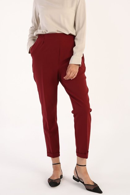 Bordo Cepli Beli Lastikli Pantolon