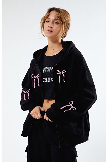 Boi Unisex Pembe Fiyonk Baskılı Sweatshirt Fermuarlı Hırka - Siyah