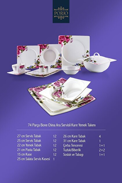 Porio Fiorenza 74 Parça Bone China 12 Kişilik Kare Porselen Yemek