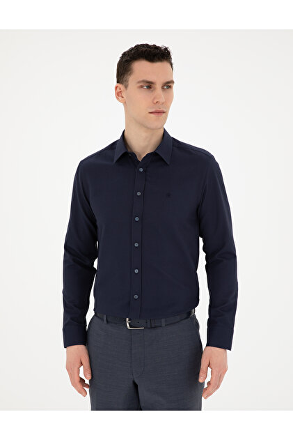 WARREN KIBLE アメリカンフラッグ柄 ケト ルLA購入 Pierre Cardin Lacivert Slim Fit Armürlü Uzun Kollu Gömlek 50289391