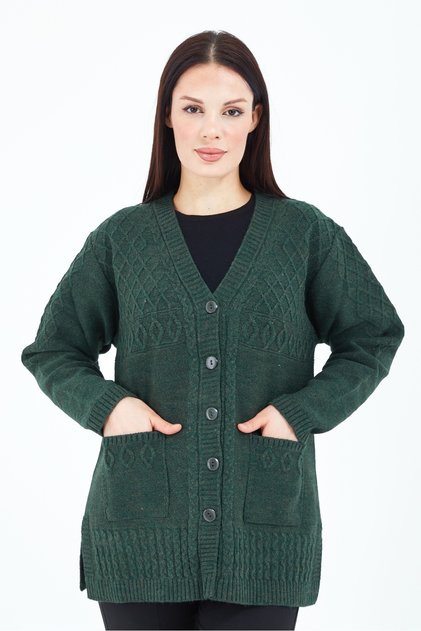 Women's Khaki Green V-Neck Buttoned Pocket Knitted Wool Mother Knitwear Short Cardigan