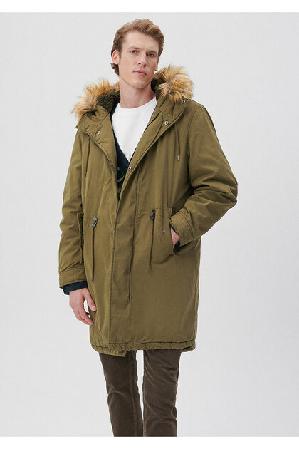 Mavi Yakası Kürklü Yeşil Uzun Parka Oversize / Geniş Kesim 0110108