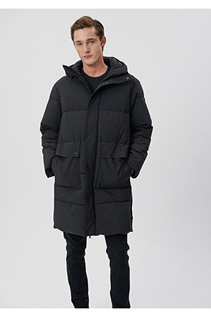 Mavi Kapüşonlu Siyah Uzun Parka Oversize / Geniş Kesim 0110213
