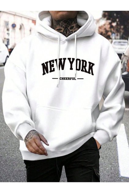 New York Cheerful Kalın Kışlık Sweatshirt - Beyaz Baskılı Oversize Şardonlu Cepli Kapüşonlu