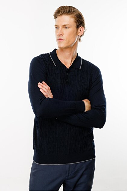 Desen Triko Men's Polo Collar Front Diamond Knit Sweater Navy Blue