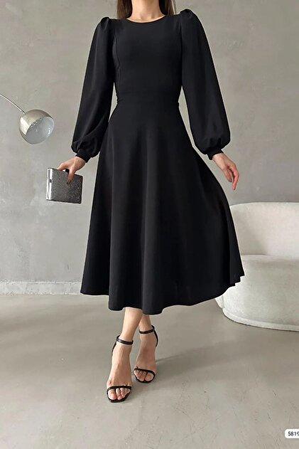 Planet Prestige Black Balloon Sleeve Crew Neck Midi Dress- Trendyol